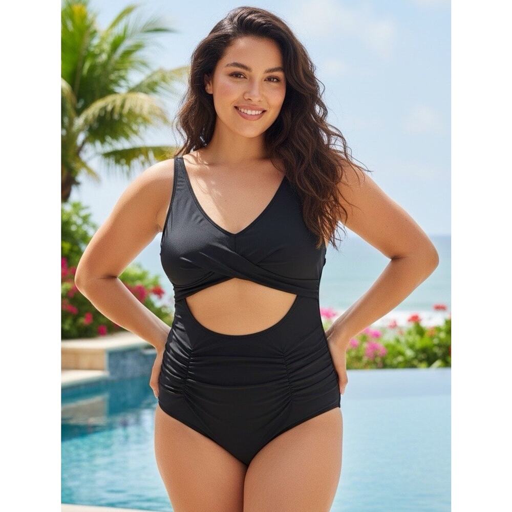Women’s Black One Piece Swimsuit Cutout Ruched Criss Cross Back Medium